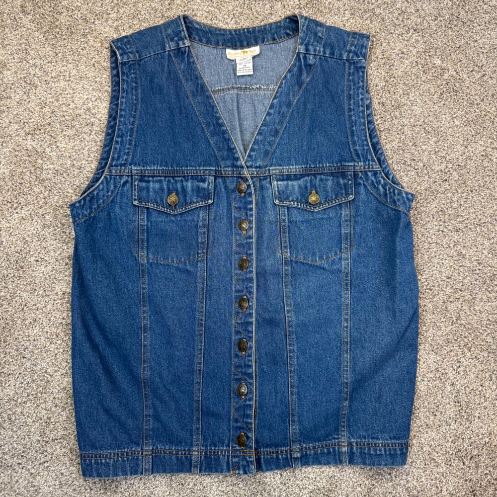 Hunters Run Vintage Denim Vest‎ Medium Wash Cotton Button Front Western Blue XL